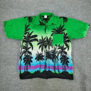 Dorsett Tee's Button Shirt Men 2XL Green Bahamas AOP Graphic Short Sleeve Pocket